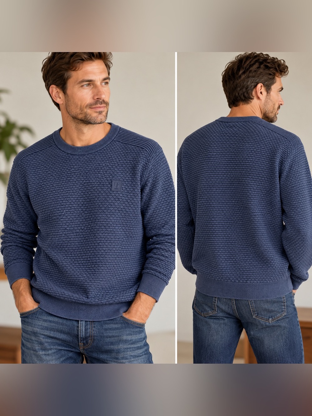 European brand GARCIA Textured Knit Crewneck Sweater Navy Blue Men’s L